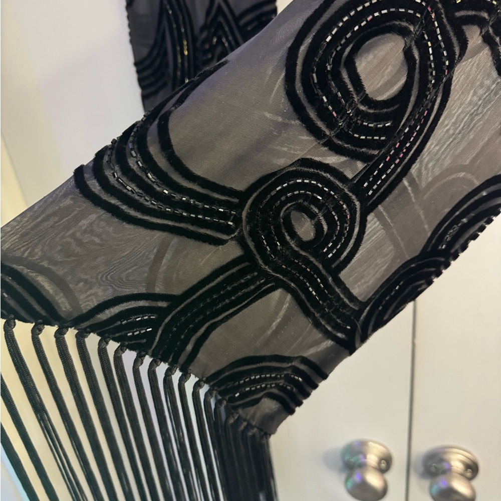 Kenneth Cole Black Sheer Fringe Hem Beaded Silk Scarf /Shawl